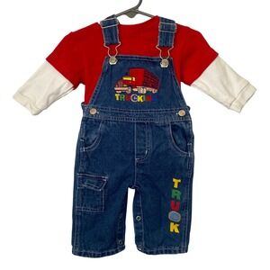 Vintage Baby Denim Overalls Outfit Truck Theme 2pc Set 3–6 Months